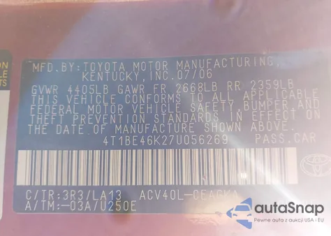 2007 Toyota Camry Xle from USA, damaged, VIN 4T1BE46K27U056269